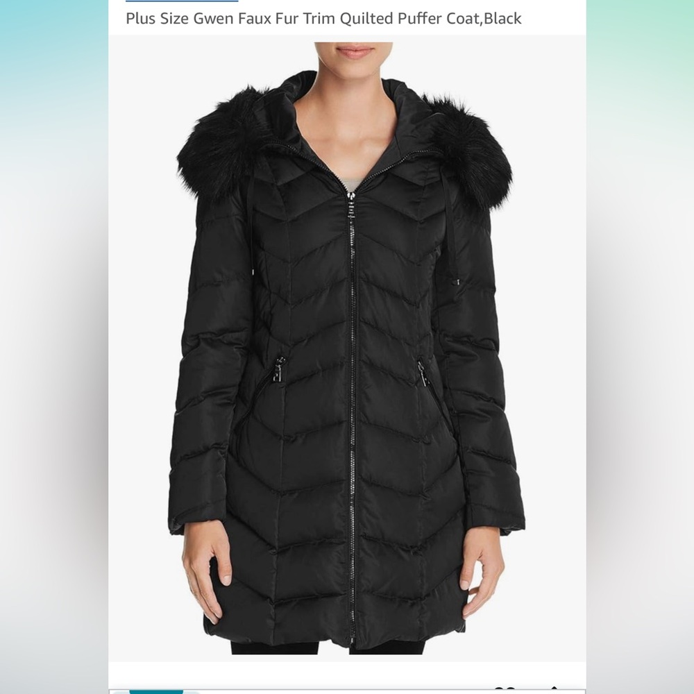 NWT Tahari Black Puffer Coat with Fur-Trimmed Hood
